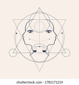 Mystical geometry symbol. Linear alchemy, occult, philosophical sign with face silhouette