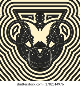 Mystical geometry symbol. Linear alchemy, occult, philosophical sign. Optical illusion. Human head make silhouette of insect