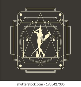 Mystical geometry symbol. Linear alchemy, occult, philosophical sign with silhouette of witch