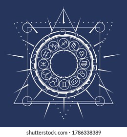 Mystical geometry symbol. Linear alchemy, occult, philosophical sign. Astrology and religion concept. Zodiac circle