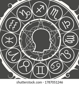 Mystical geometry symbol. Linear alchemy, occult, philosophical sign. Astrology and religion concept. Outline silhouette of human head. Zodiac circle