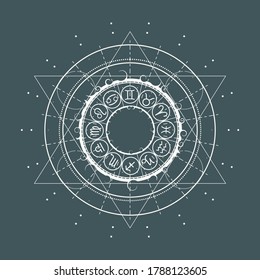 Mystical geometry symbol. Linear alchemy, occult, philosophical sign. Astrology and religion concept. Zodiac circle