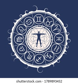 Mystical geometry symbol. Linear alchemy, occult, philosophical sign. Astrology and religion concept. Outline silhouette of man. Zodiac circle