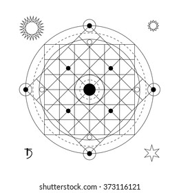 Mystical geometry symbol. Linear alchemy, occult, philosophical sign. For music album cover, poster, flyer, sacramental logo design. Astrology, imagination, creativity, superstition, religion concept.
