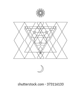 Mystical geometry symbol. Linear alchemy, occult, philosophical sign. For music album cover, poster, flyer, sacramental logo design. Astrology, imagination, creativity, superstition, religion concept.
