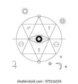 Mystical geometry symbol. Linear alchemy, occult, philosophical sign. For music album cover, poster, flyer, sacramental logo design. Astrology, imagination, creativity, superstition, religion concept.