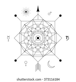 Mystical geometry symbol. Linear alchemy, occult, philosophical sign. For music album cover, poster, flyer, sacramental logo design. Astrology, imagination, creativity, superstition, religion concept.