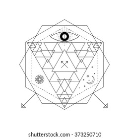 Mystical geometry symbol. Linear alchemy, occult, philosophical sign. For music album cover, poster, flyer, sacramental logo design. Astrology, imagination, creativity, superstition, religion concept.