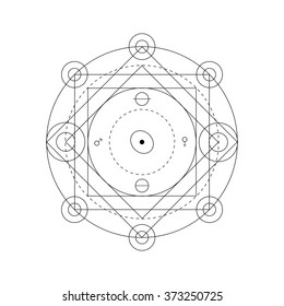 Mystical geometry symbol. Linear alchemy, occult, philosophical sign. For music album cover, poster, flyer, sacramental logo design. Astrology, imagination, creativity, superstition, religion concept.