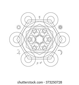 Mystical geometry symbol. Linear alchemy, occult, philosophical sign. For music album cover, poster, flyer, sacramental logo design. Astrology, imagination, creativity, superstition, religion concept.