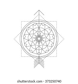 Mystical geometry symbol. Linear alchemy, occult, philosophical sign. For music album cover, poster, flyer, sacramental logo design. Astrology, imagination, creativity, superstition, religion concept.
