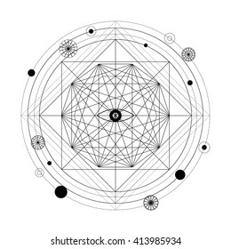 Mystical geometry symbol. Linear alchemy, occult, philosophical sign. For music album cover, poster, flyer, sacramental logo design. Astrology, imagination, creativity, superstition, religion concept.