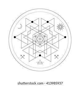 Mystical geometry symbol. Linear alchemy, occult, philosophical sign. For music album cover, poster, flyer, sacramental logo design. Astrology, imagination, creativity, superstition, religion concept.