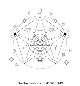 Mystical geometry symbol. Linear alchemy, occult, philosophical sign. For music album cover, poster, flyer, sacramental logo design. Astrology, imagination, creativity, superstition, religion concept.