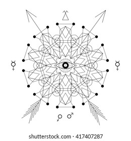 Mystical geometry symbol. Linear alchemy, occult, philosophical sign. For music album cover, poster, flyer, sacramental logo design. Astrology, imagination, creativity, superstition, religion concept.