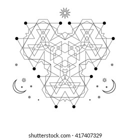Mystical geometry symbol. Linear alchemy, occult, philosophical sign. For music album cover, poster, flyer, sacramental logo design. Astrology, imagination, creativity, superstition, religion concept.