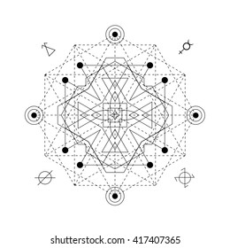 Mystical geometry symbol. Linear alchemy, occult, philosophical sign. For music album cover, poster, flyer, sacramental logo design. Astrology, imagination, creativity, superstition, religion concept.