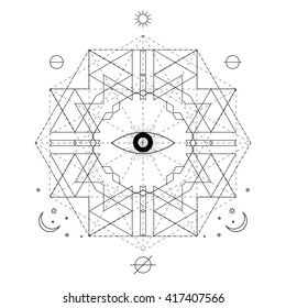 Mystical geometry symbol. Linear alchemy, occult, philosophical sign. For music album cover, poster, flyer, sacramental logo design. Astrology, imagination, creativity, superstition, religion concept.