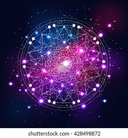 Mystical geometry symbol on abstract space background. Linear alchemy, occult, philosophical sign for music album cover, poster, flyer, logo design.