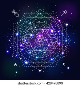Mystical geometry symbol on abstract space background. Linear alchemy, occult, philosophical sign for music album cover, poster, flyer, logo design.