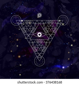 Mystical geometry symbol on space background. Linear alchemy, occult, philosophical sign. For music album cover, poster, flyer, logo design. Astrology, imagination, creativity, religion concept.