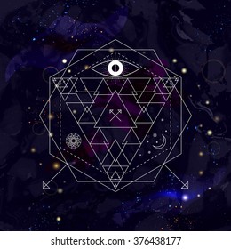 Mystical geometry symbol on space background. Linear alchemy, occult, philosophical sign. For music album cover, poster, flyer, logo design. Astrology, imagination, creativity, religion concept.