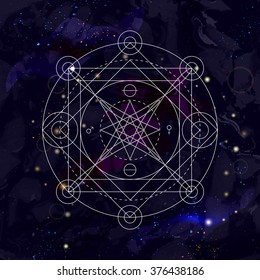 Mystical geometry symbol on space background. Linear alchemy, occult, philosophical sign. For music album cover, poster, flyer, logo design. Astrology, imagination, creativity, religion concept.