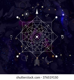 Mystical geometry symbol on space background. Linear alchemy, occult, philosophical sign. For music album cover, poster, flyer, logo design. Astrology, imagination, creativity, religion concept.