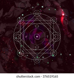 Mystical geometry symbol on space background. Linear alchemy, occult, philosophical sign. For music album cover, poster, flyer, logo design. Astrology, imagination, creativity, religion concept.