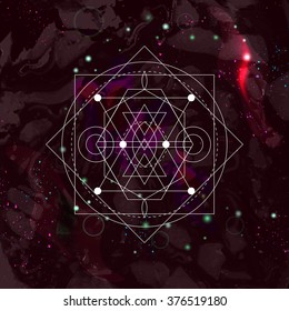 Mystical geometry symbol on space background. Linear alchemy, occult, philosophical sign. For music album cover, poster, flyer, logo design. Astrology, imagination, creativity, religion concept.