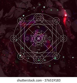 Mystical geometry symbol on space background. Linear alchemy, occult, philosophical sign. For music album cover, poster, flyer, logo design. Astrology, imagination, creativity, religion concept.