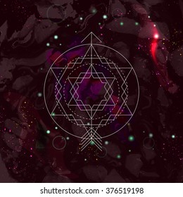 Mystical geometry symbol on space background. Linear alchemy, occult, philosophical sign. For music album cover, poster, flyer, logo design. Astrology, imagination, creativity, religion concept.