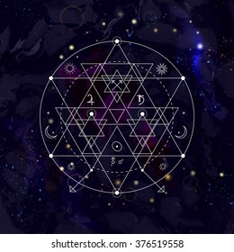 Mystical geometry symbol on space background. Linear alchemy, occult, philosophical sign. For music album cover, poster, flyer, logo design. Astrology, imagination, creativity, religion concept.