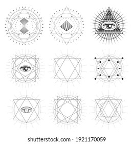 Mystical geometry symbols collection. Set of linear alchemy, occult, philosophical signs. For music album cover, poster, sacramental design. Astrology and religion concept.