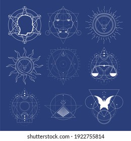 Mystical geometry symbols collection. Set of linear alchemy, occult, philosophical signs. For music album cover, poster, sacramental design. Astrology and religion concept.