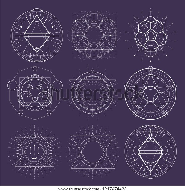 Mystical geometry\
symbols collection. Set of linear alchemy, occult, philosophical\
signs. For music album cover, poster, sacramental design. Astrology\
and religion concept.
