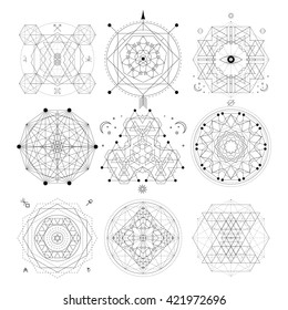 Mystical geometry symbols set. Linear alchemy, occult, philosophical sign. For music album cover, poster, flyer, logo design. Astrology, imagination, creativity, superstition, religion concept.