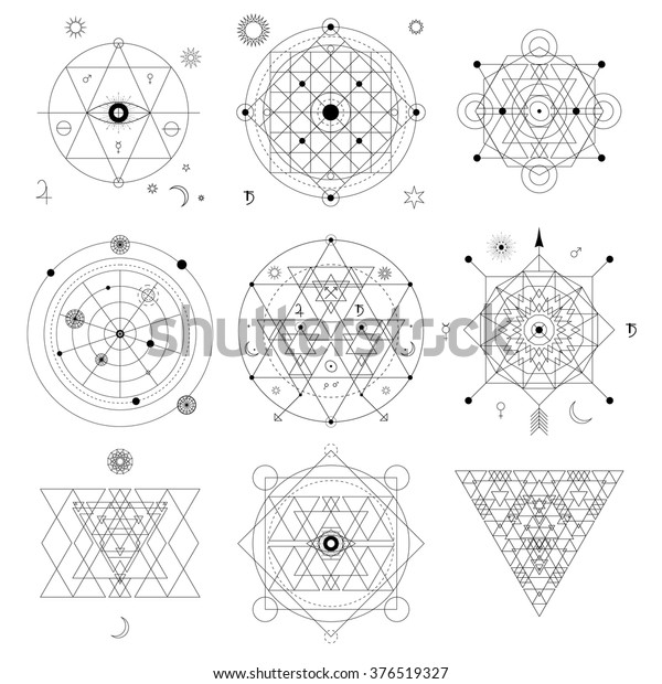 神秘的几何符号集 线性炼金术 神秘 哲学标志 对于音乐专辑封面 海报 传单 标志设计 占星术 想象力 创造力 迷信 宗教概念 库存矢量图 免版税