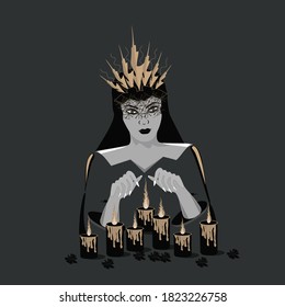 Mystical girl with black hair in a crown and veils conjures over candles. Isolated vector illustration for poster banner postcard invitation.