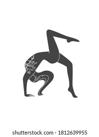 Mystical girl silhouette illustration in hand drawn style. Dance girl silhouette, folklore natural style. Abstract woman in yoga pose for logo, sticker, print.