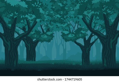 Mystical gloomy forest. Mysterious centuryold trees in darkness silhouettes burnt grove in fog terrible fantasy landscape ancient sad vector forest with echoes long standing battle.