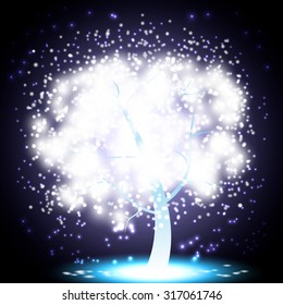 Mystical Glowing Christmas Tree Made of light sparkles on a blue night background