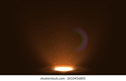 Mystical glowing circle with spark particles and warm orange light on dark background. Magical portal or fantasy spotlight effect, perfect for game UI, posters, or vector digital design