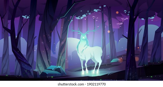 Mystical Glowing Deer Silhouette In Dark Forest At Night. Vector Cartoon Fantasy Illustration Of Stag Soul, Spirit Of Woodland And Protector Of Wildlife. Magic Beautiful Reindeer In Woods