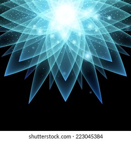Mystical glowing flower background. Center top composition. Shine and sparkles on black back.
