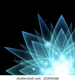 Mystical glowing flower background. Right corner composition. Shine and sparkles on black back.