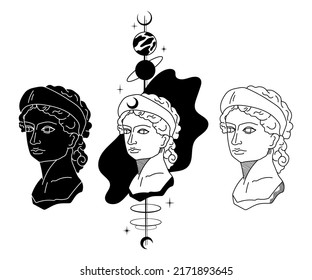 Mystical Goddess ancient greek statue, vector black white celestial greek bust silhouettes, antique Demeter sculptures, fantasy hand drawn compositions isolated clip art kit