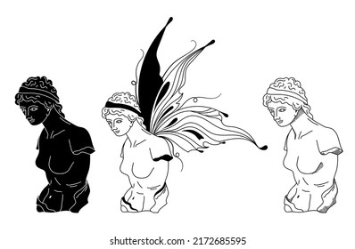 Mystical Goddess ancient greek statue, vector black white greek bust silhouettes, antique nymph with butterfly wings sculptures, fantasy hand drawn isolated clip art