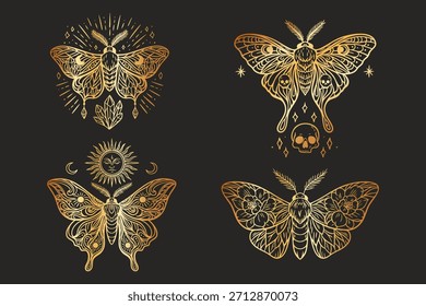 Mystical gold gradient moth set with celestial and occult symbols