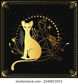 A mystical gold silhouette of a cat and a seated figure surrounded by enchanting botanical elements on a dark background